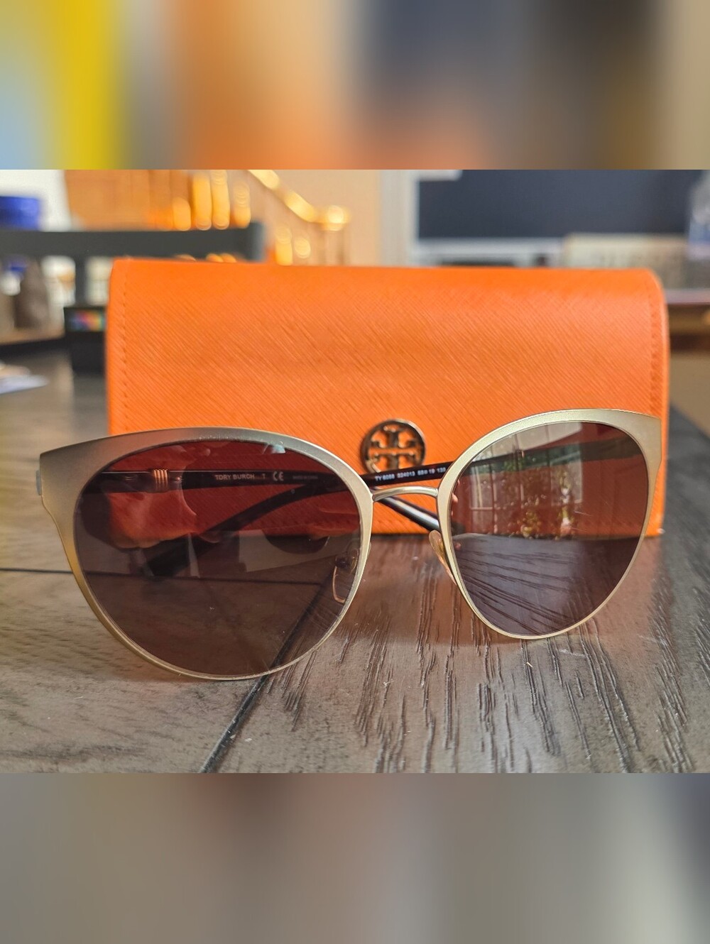 Tory Burch Gold Frame Sunglasses with Brown Lenses and Orange Case